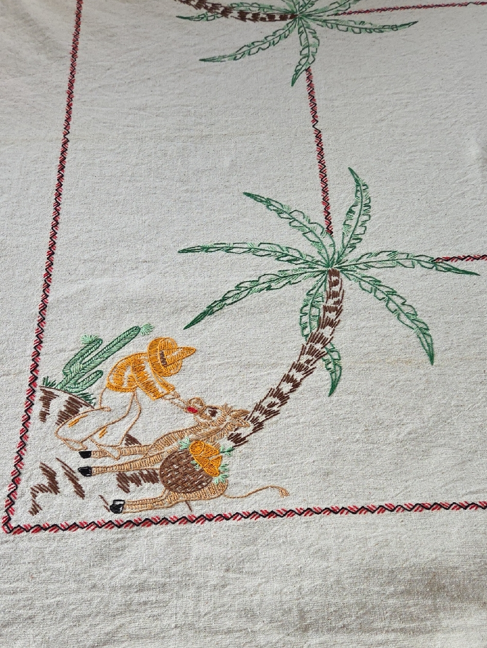 Vintage Hand Made Embroidered & Crochet Table Cloth